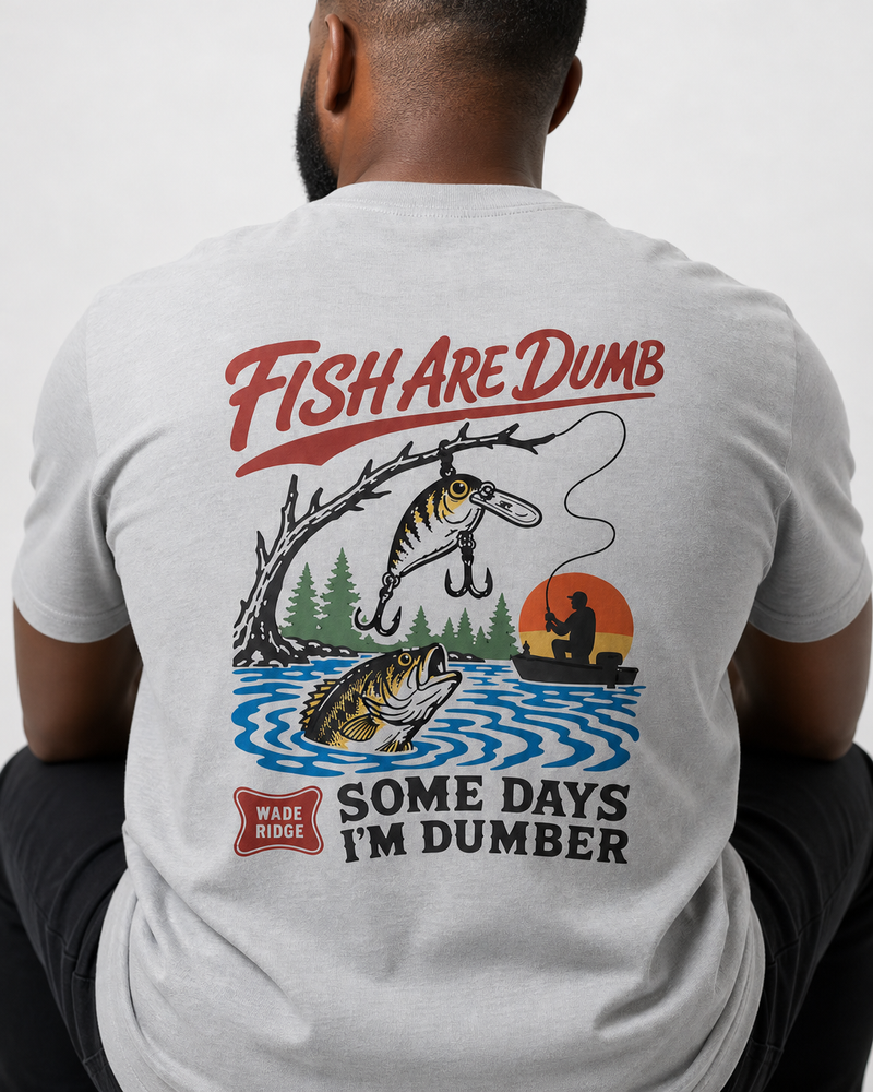Fish Are Dumb Some Days I'm Dumber — Snagged Scene tee — sports grey, worn, side