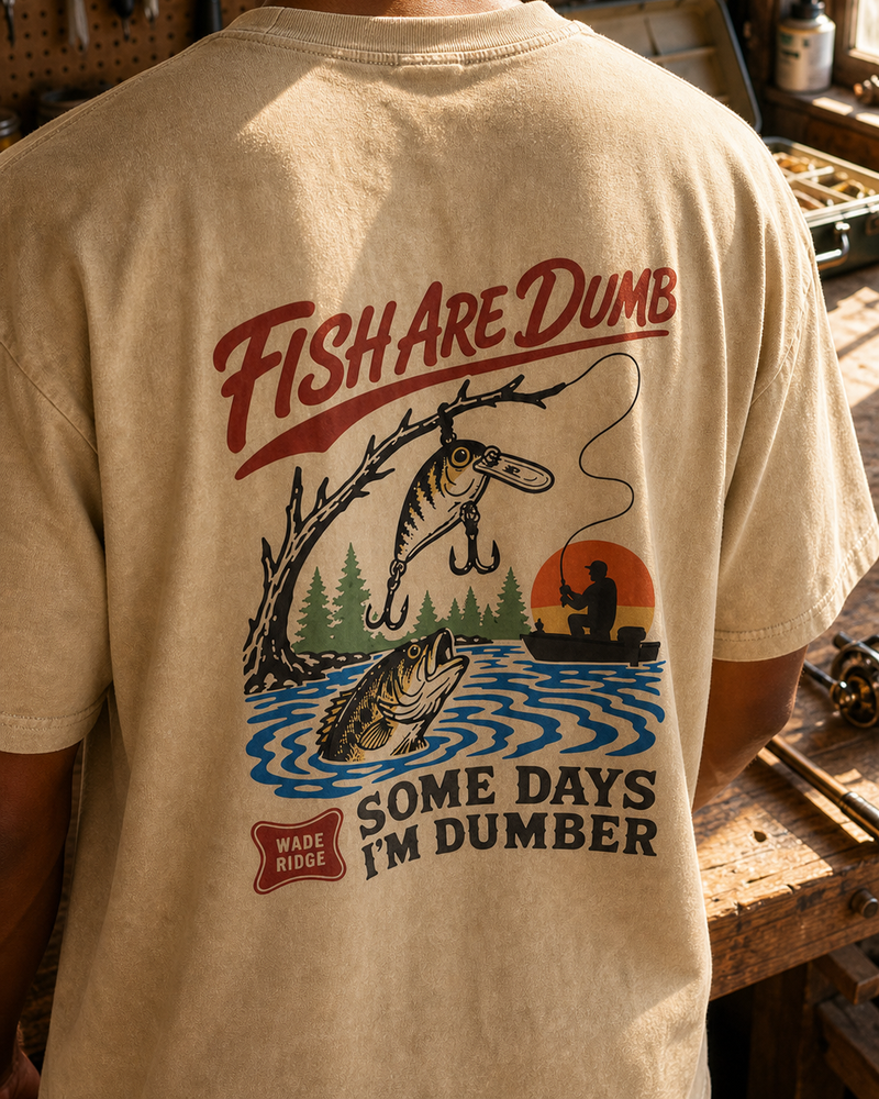 Fish Are Dumb Some Days I'm Dumber — Snagged Scene washed tee — washed bone, worn, side