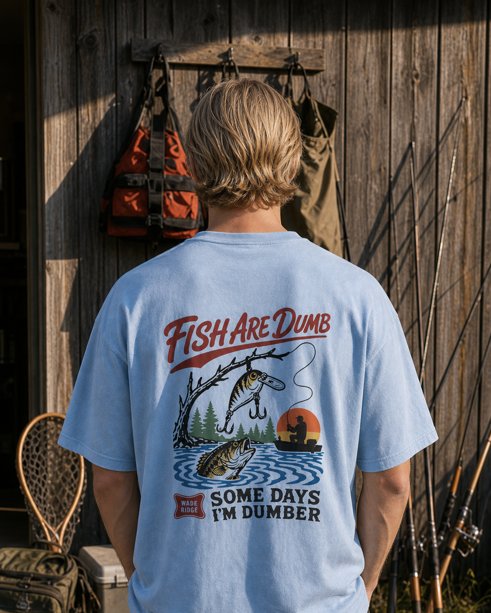 Fish Are Dumb Some Days I'm Dumber — Snagged Scene washed tee — washed light blue, worn, front