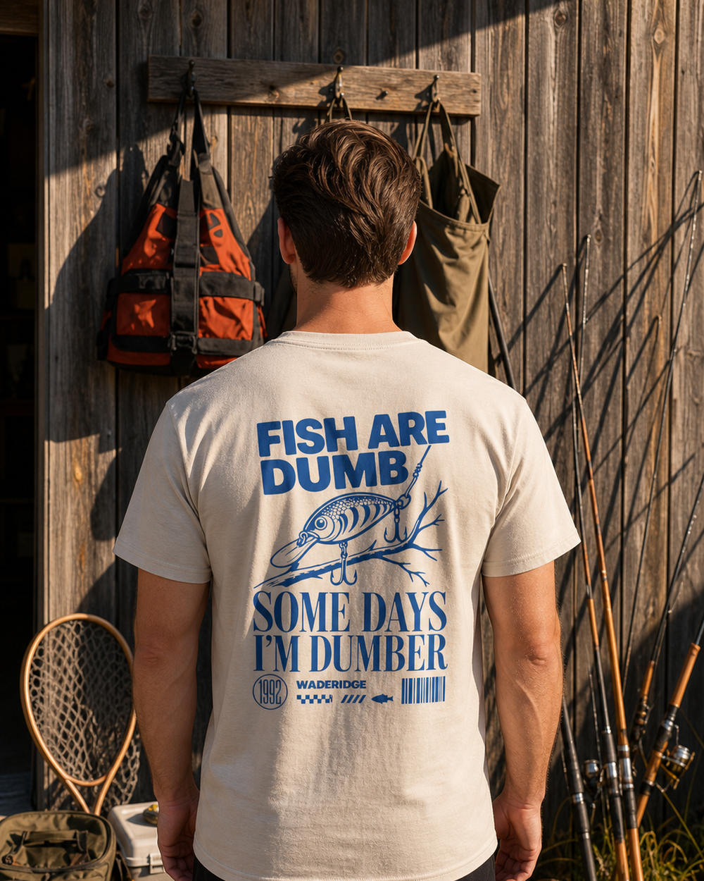 Fish Are Dumb Some Days I'm Dumber — Threaded Lure tee — sand, worn, front