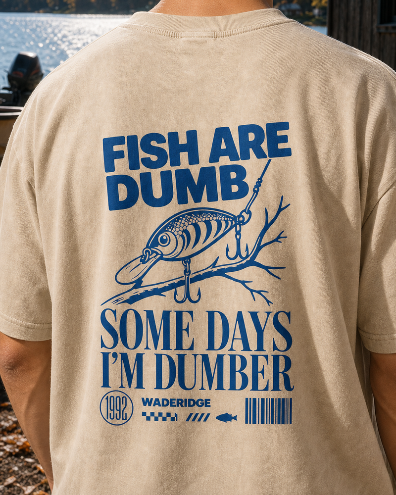 Fish Are Dumb Some Days I'm Dumber — Threaded Lure washed tee — washed bone, worn, side