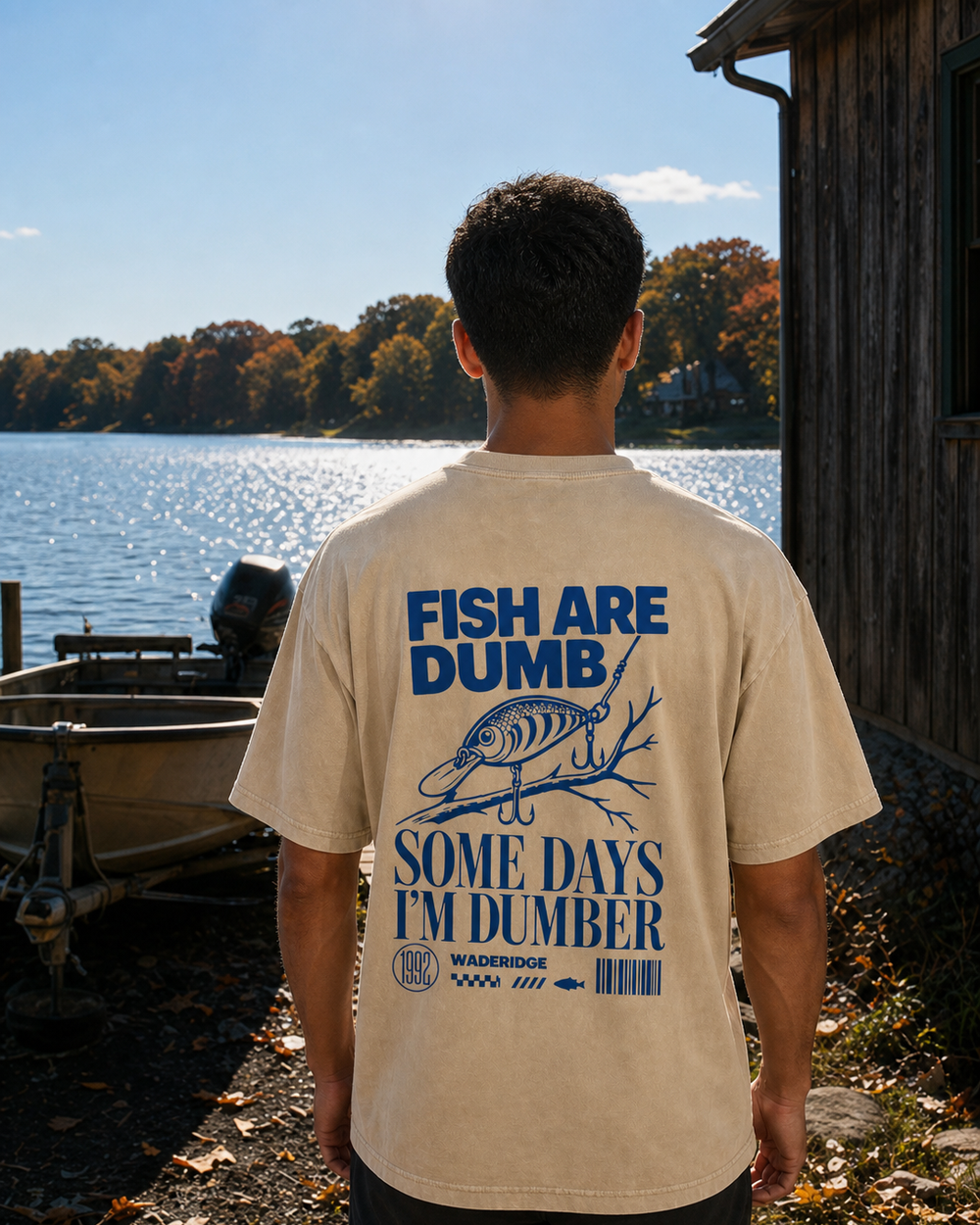 Fish Are Dumb Some Days I'm Dumber — Threaded Lure washed tee — washed bone, worn, front