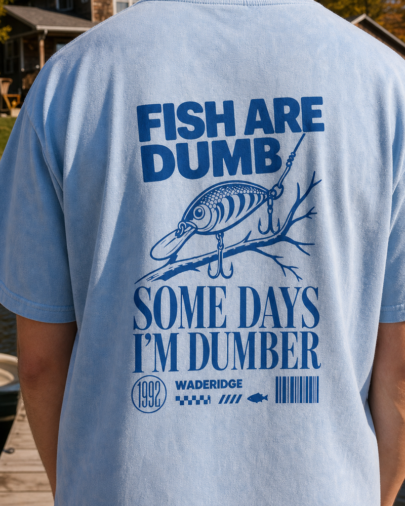 Fish Are Dumb Some Days I'm Dumber — Threaded Lure washed tee — washed light blue, worn, side