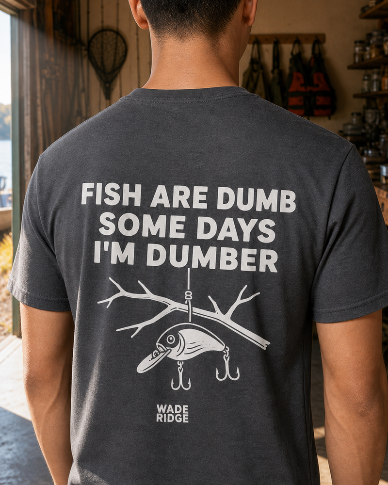 Fish Are Dumb Some Days I'm Dumber — Quiet Snag tee — dark heather, worn, side