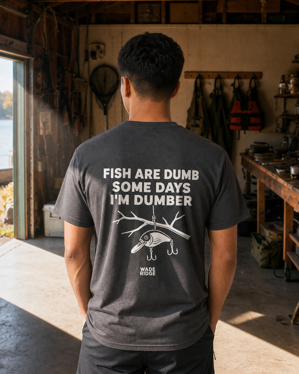 Fish Are Dumb Some Days I'm Dumber — Quiet Snag tee — dark heather, worn, front