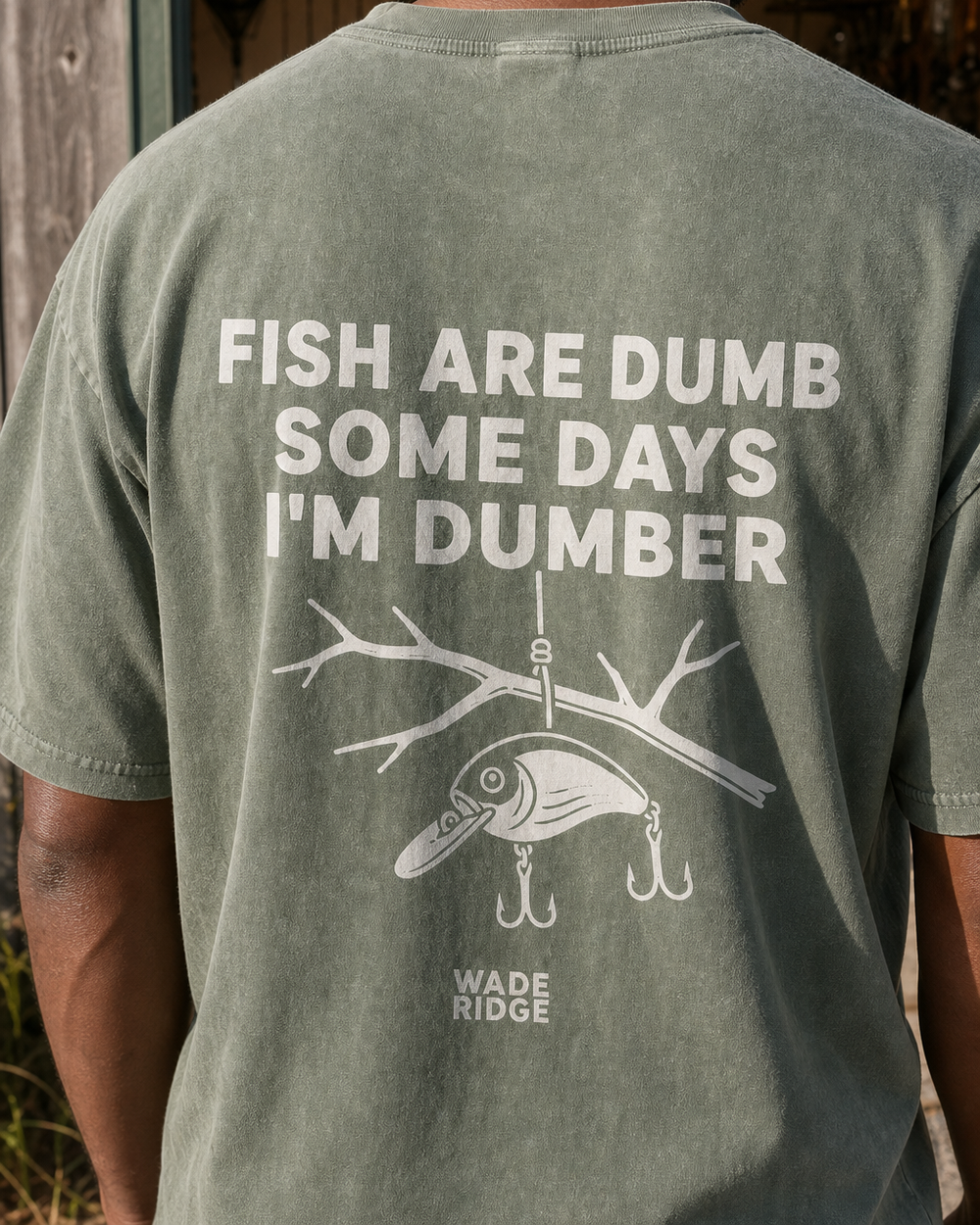 Fish Are Dumb Some Days I'm Dumber — Quiet Snag washed tee — washed sage, worn, side
