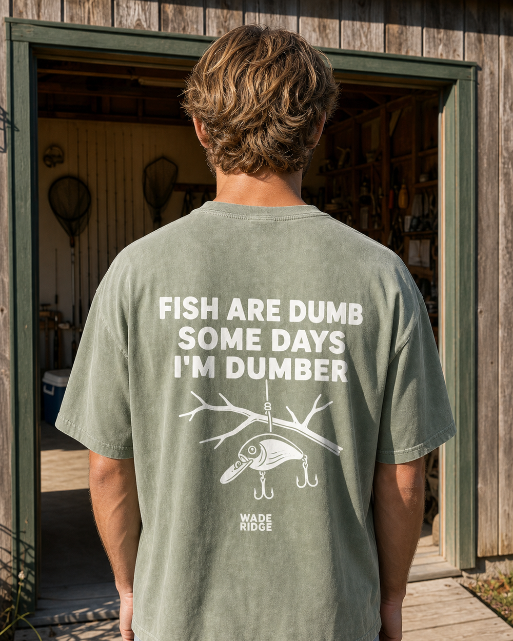 Fish Are Dumb Some Days I'm Dumber — Quiet Snag washed tee — washed sage, worn, front