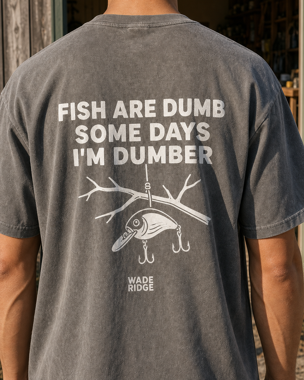 Fish Are Dumb Some Days I'm Dumber — Quiet Snag washed tee — washed charcoal, worn, side