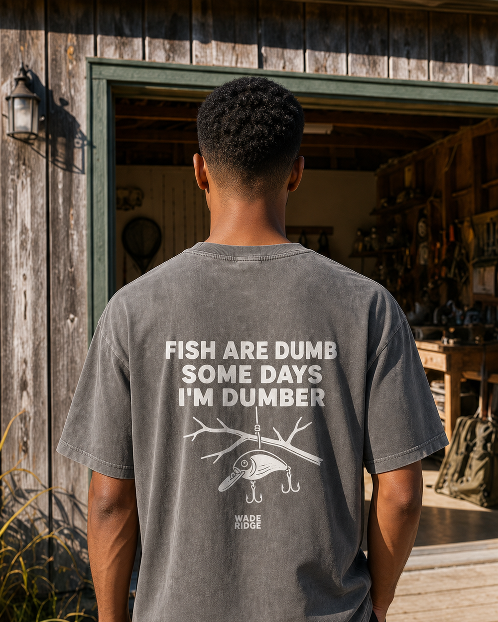Fish Are Dumb Some Days I'm Dumber — Quiet Snag washed tee — washed charcoal, worn, front