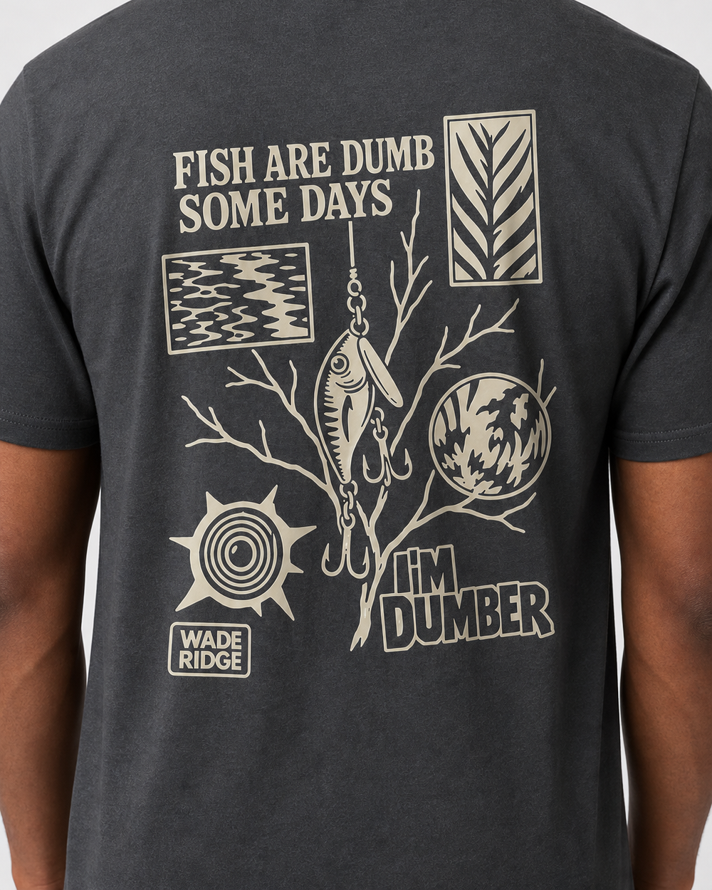 Fish Are Dumb Some Days I'm Dumber — Field Notes tee — dark heather, worn, side