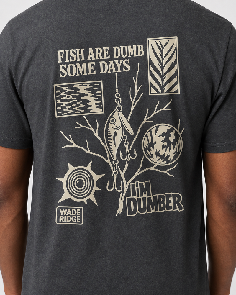 Fish Are Dumb Some Days I'm Dumber — Field Notes tee — dark heather, worn, side