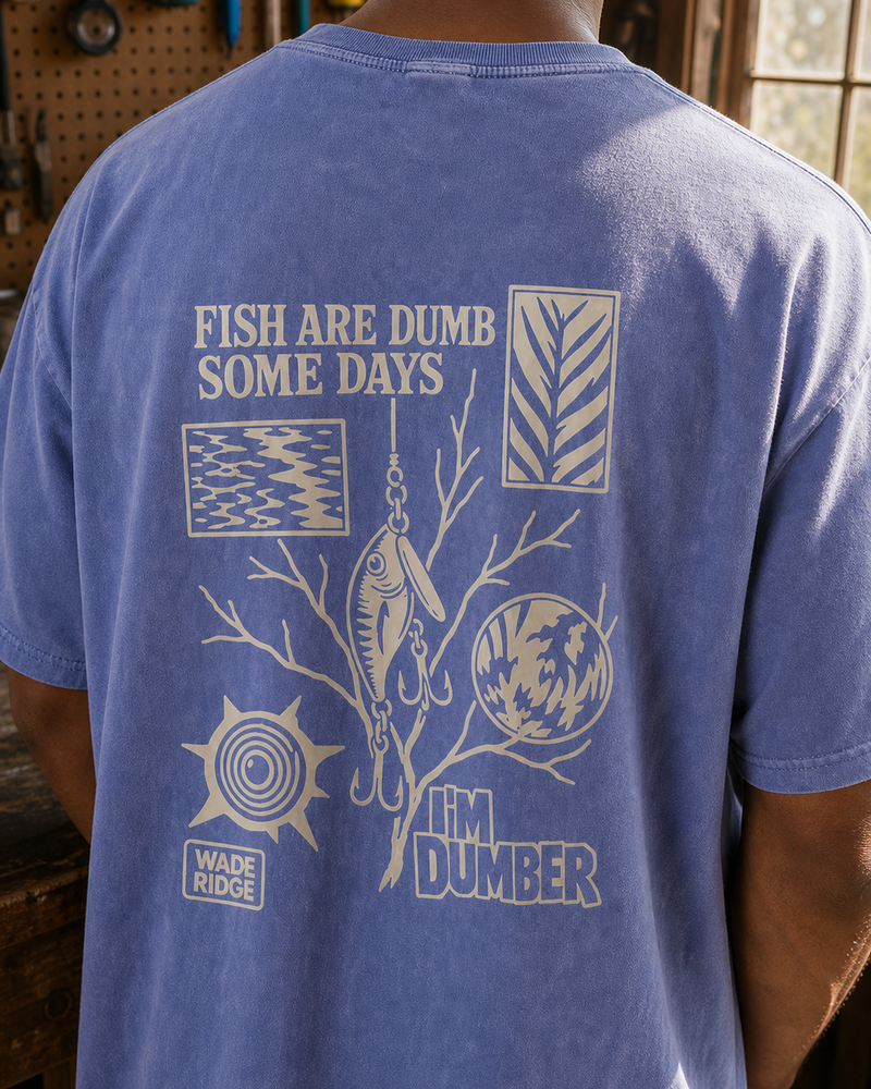 Fish Are Dumb Some Days I'm Dumber — Field Notes washed tee — washed blue, worn, side
