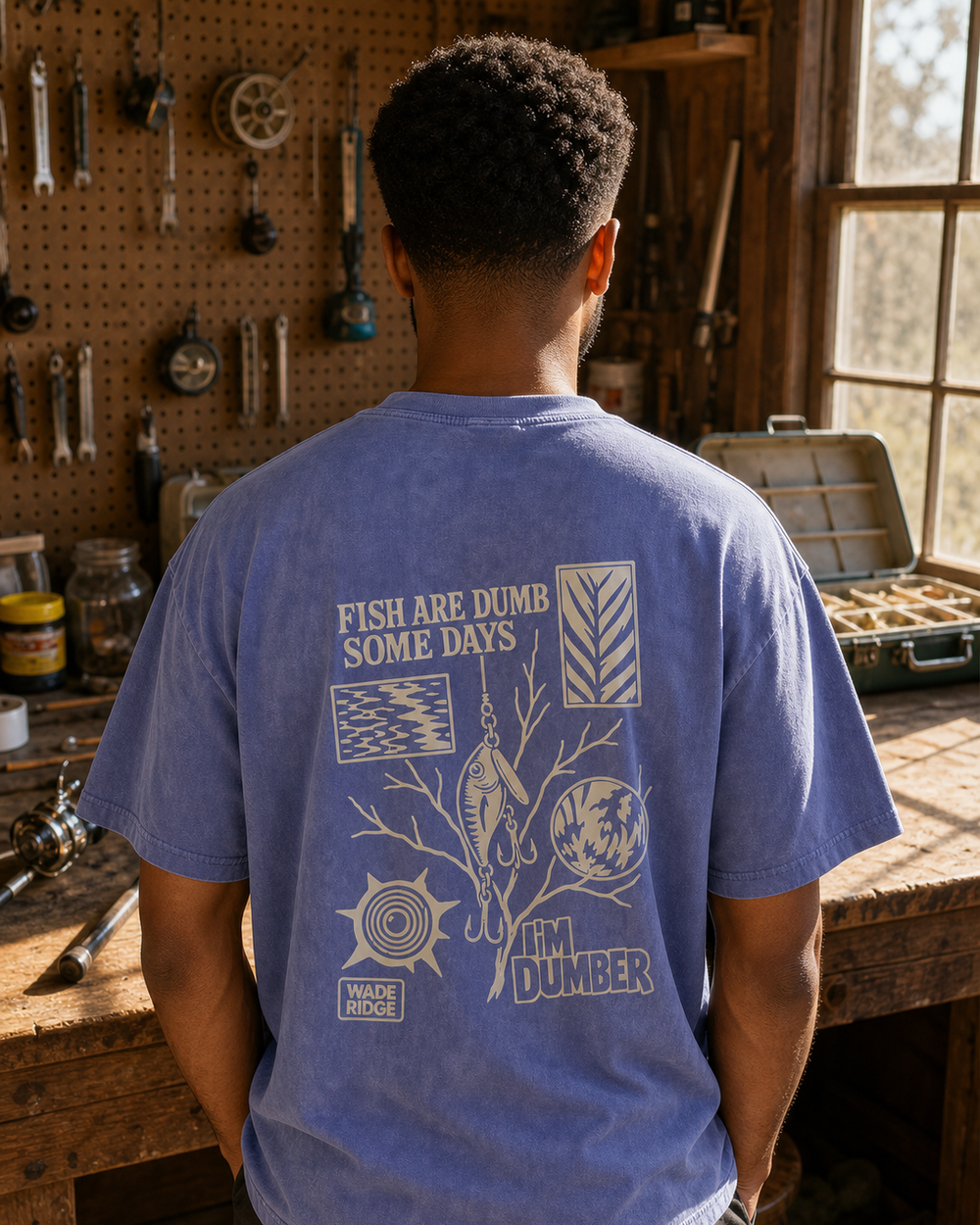 Fish Are Dumb Some Days I'm Dumber — Field Notes washed tee — washed blue, worn, front