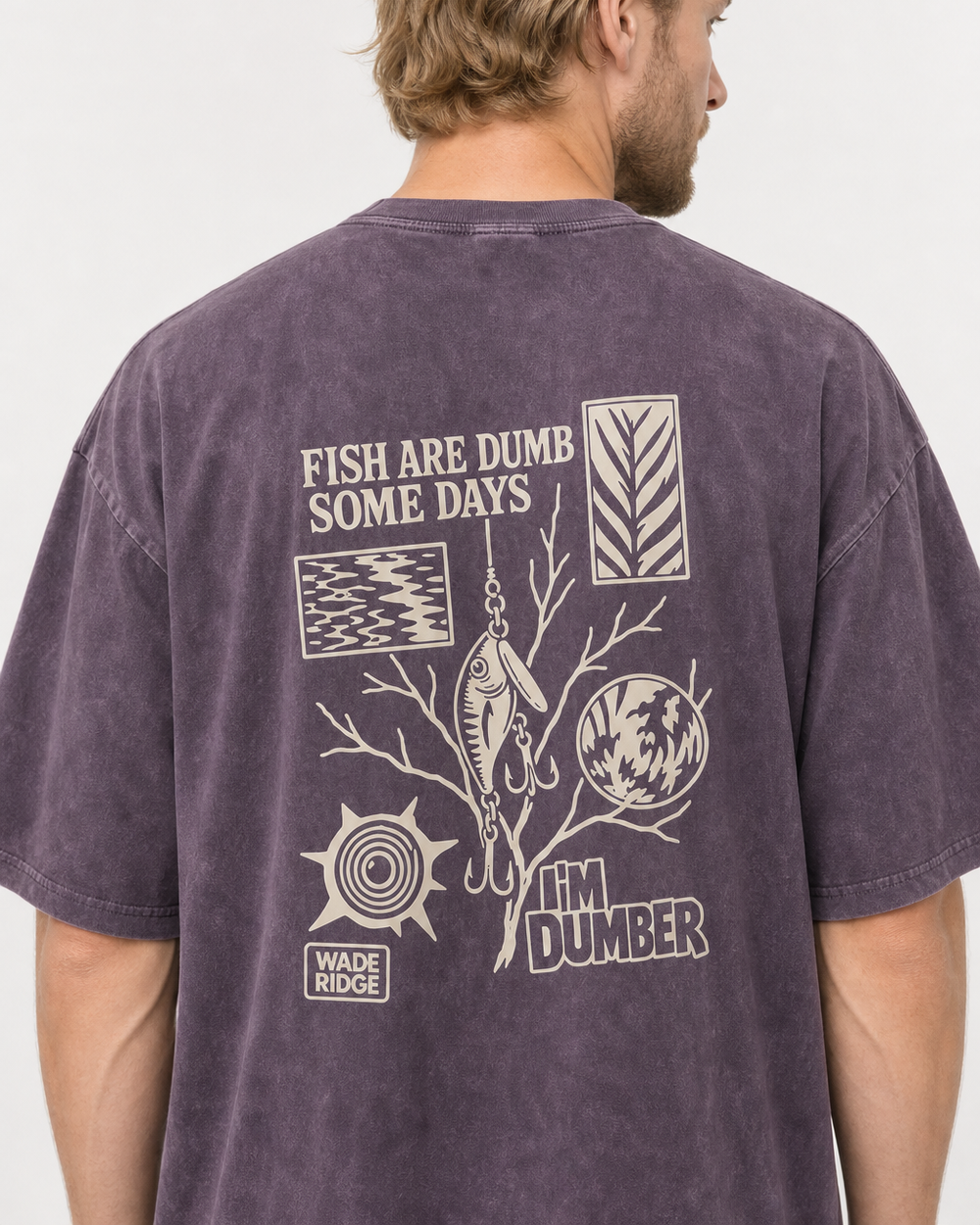 Fish Are Dumb Some Days I'm Dumber — Field Notes washed tee — washed violet, worn, side