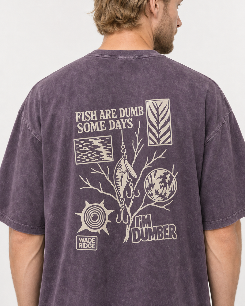 Fish Are Dumb Some Days I'm Dumber — Field Notes washed tee — washed violet, worn, side