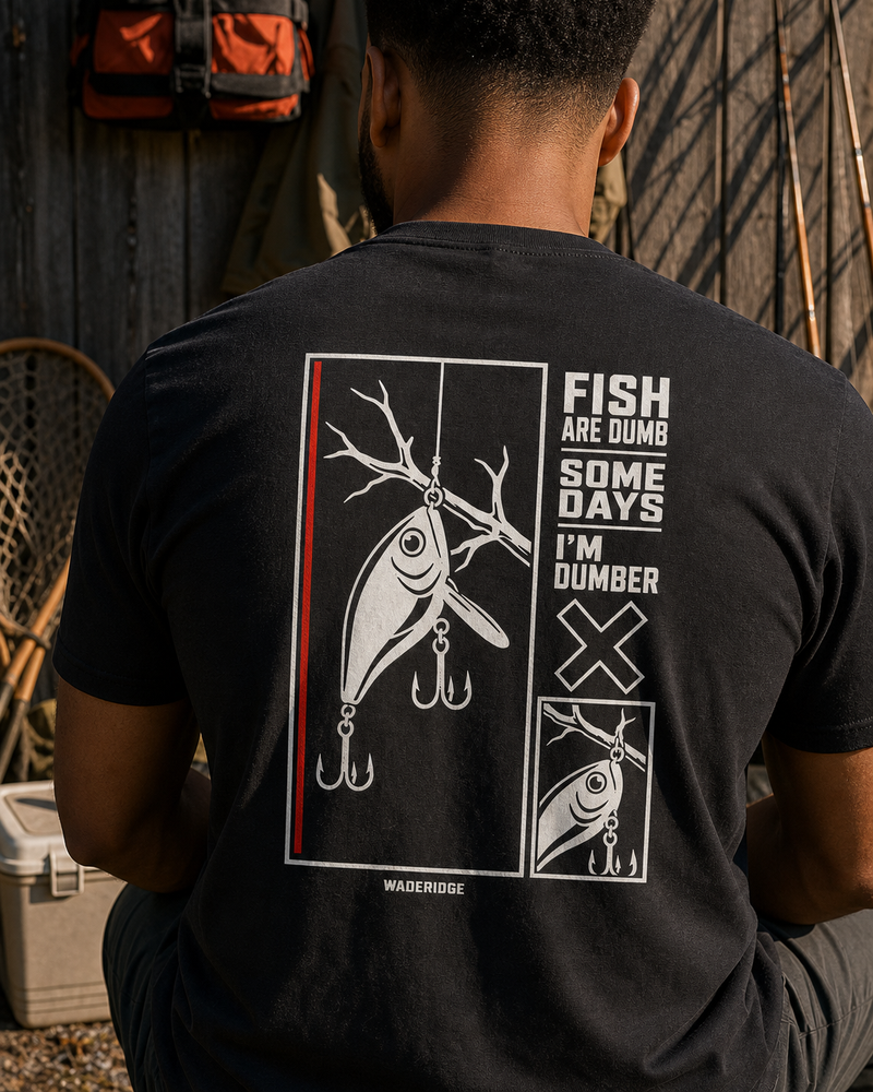 Fish Are Dumb Some Days I'm Dumber — Offset Blocks tee — black, worn, side