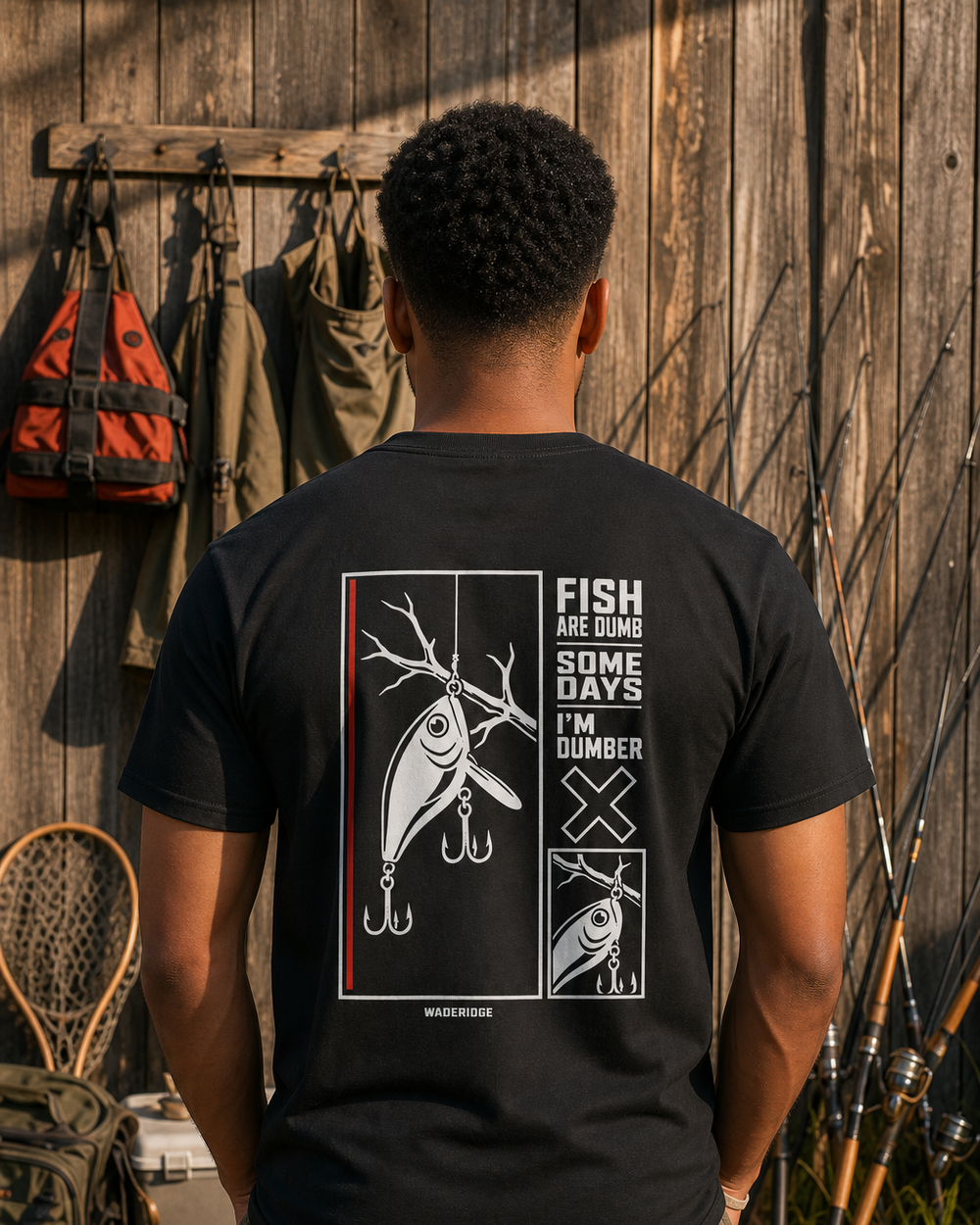 Fish Are Dumb Some Days I'm Dumber — Offset Blocks tee — black, worn, front
