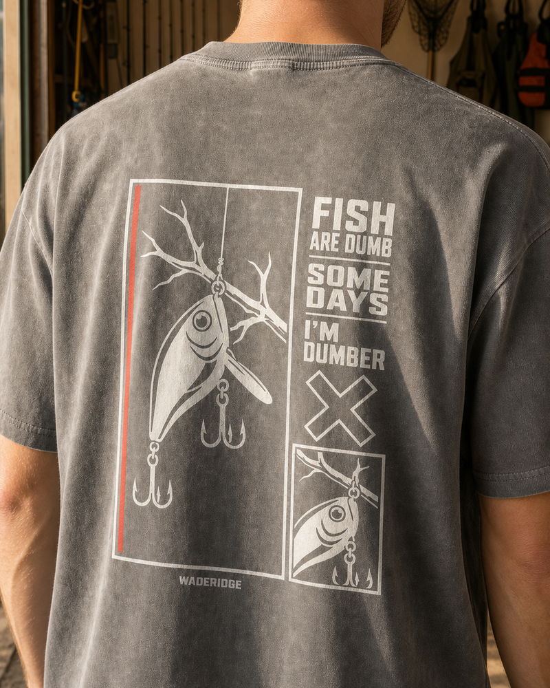 Fish Are Dumb Some Days I'm Dumber — Offset Blocks washed tee — washed charcoal, worn, side