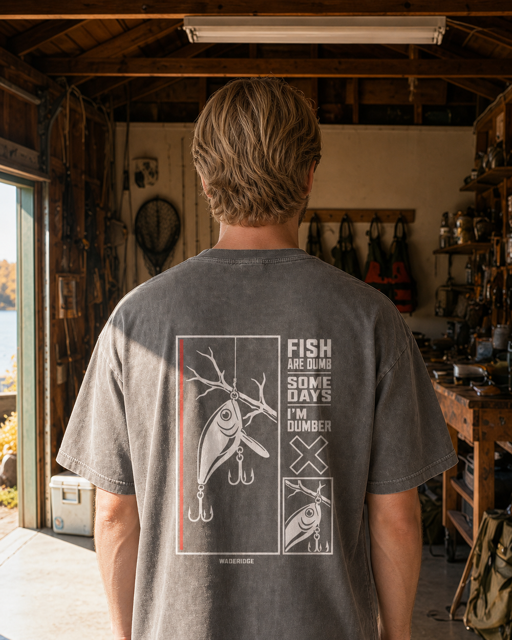 Fish Are Dumb Some Days I'm Dumber — Offset Blocks washed tee — washed charcoal, worn, front
