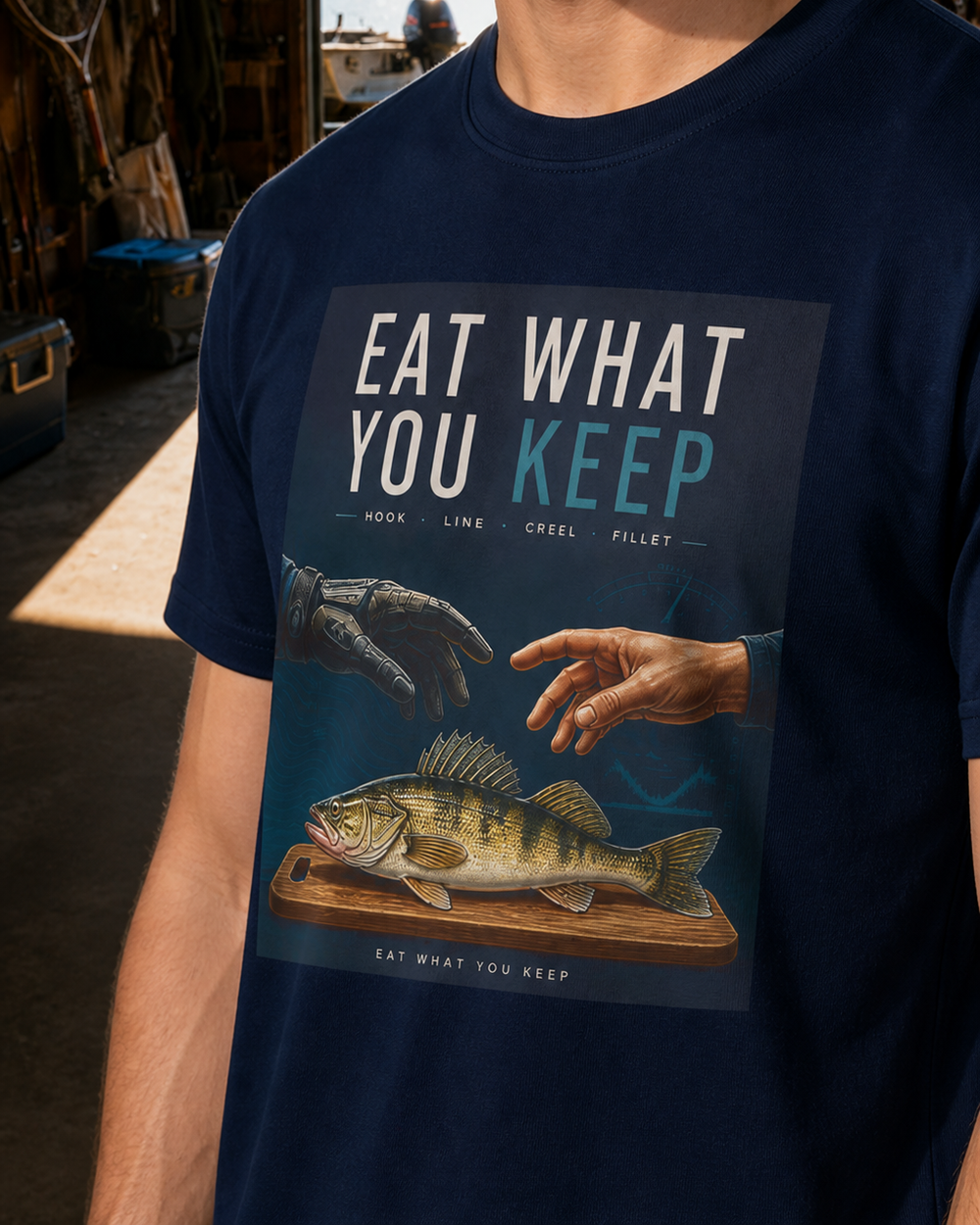 Eat What You Keep tee — navy, worn, side