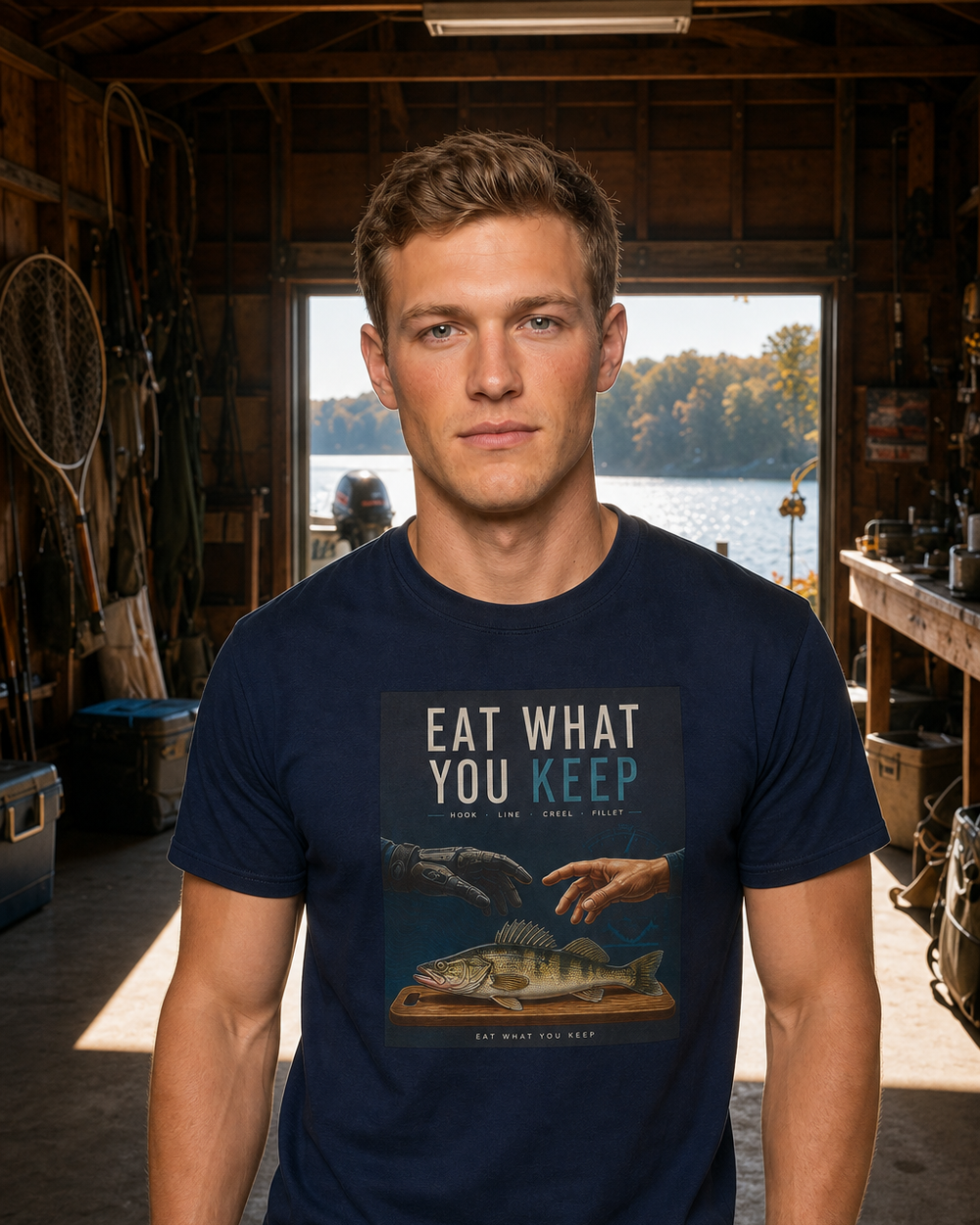 Eat What You Keep tee — navy, worn, front