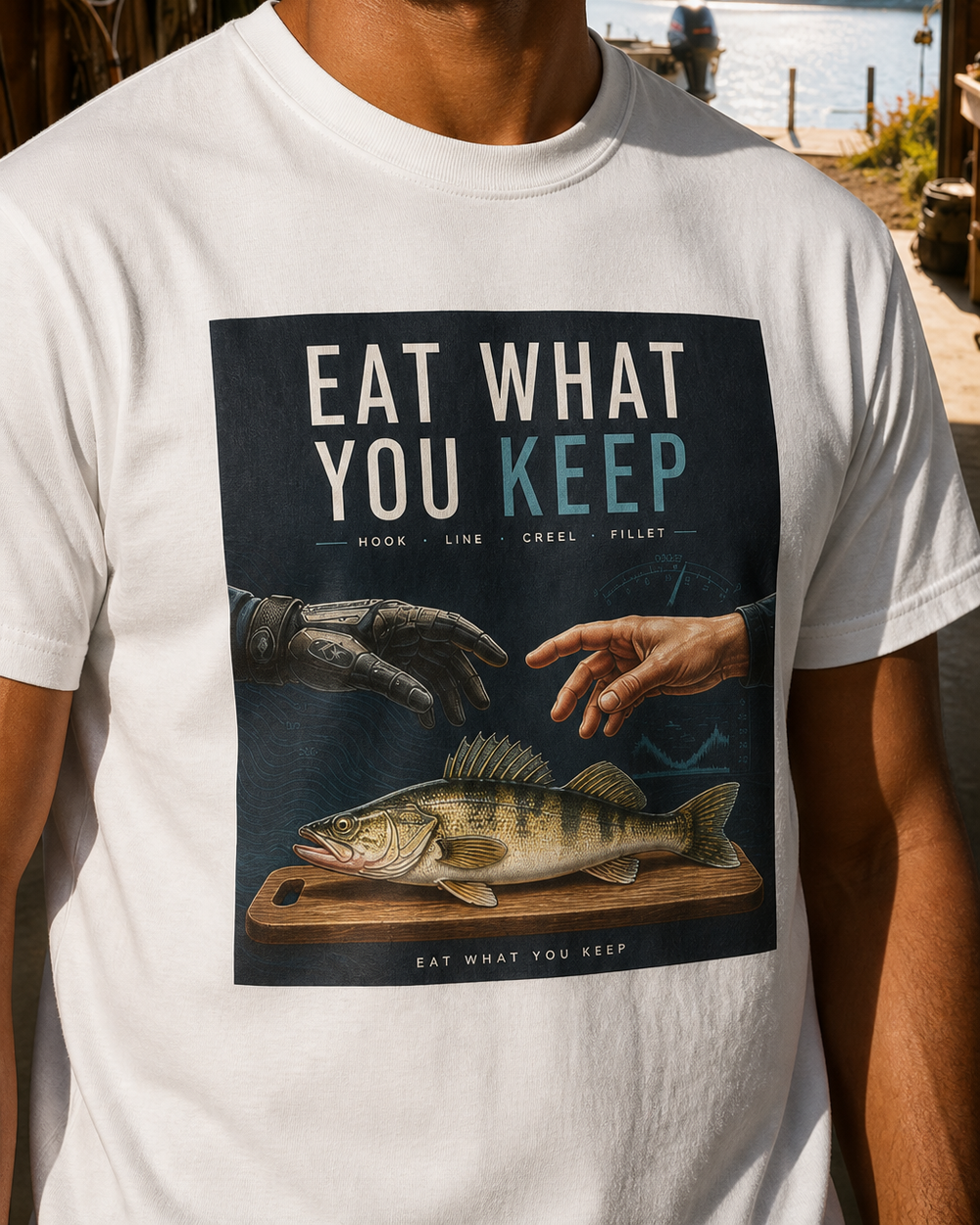Eat What You Keep tee — worn, side
