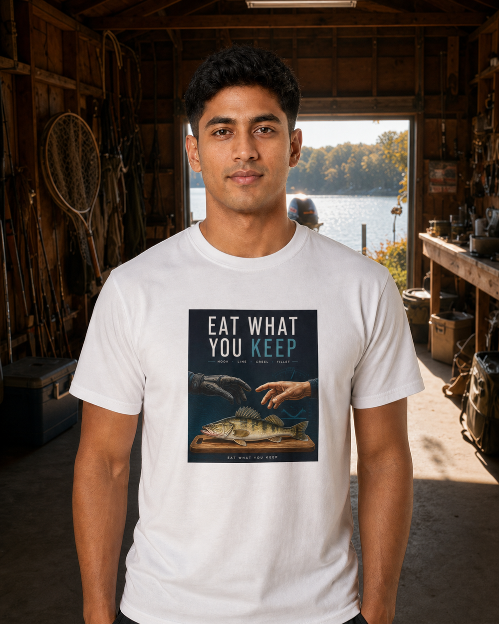 Eat What You Keep tee — worn, front