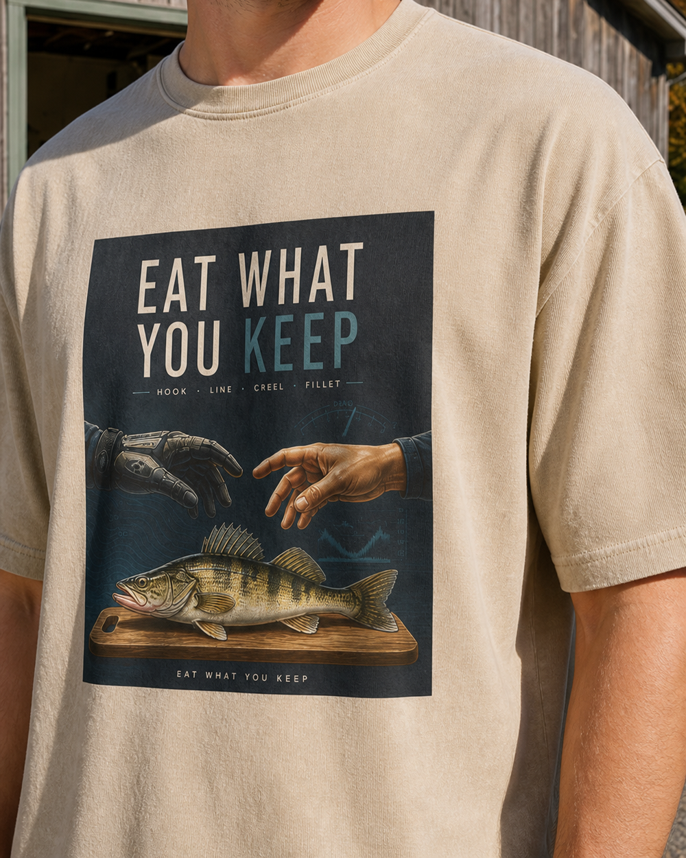 Eat What You Keep washed tee — washed bone, worn, side