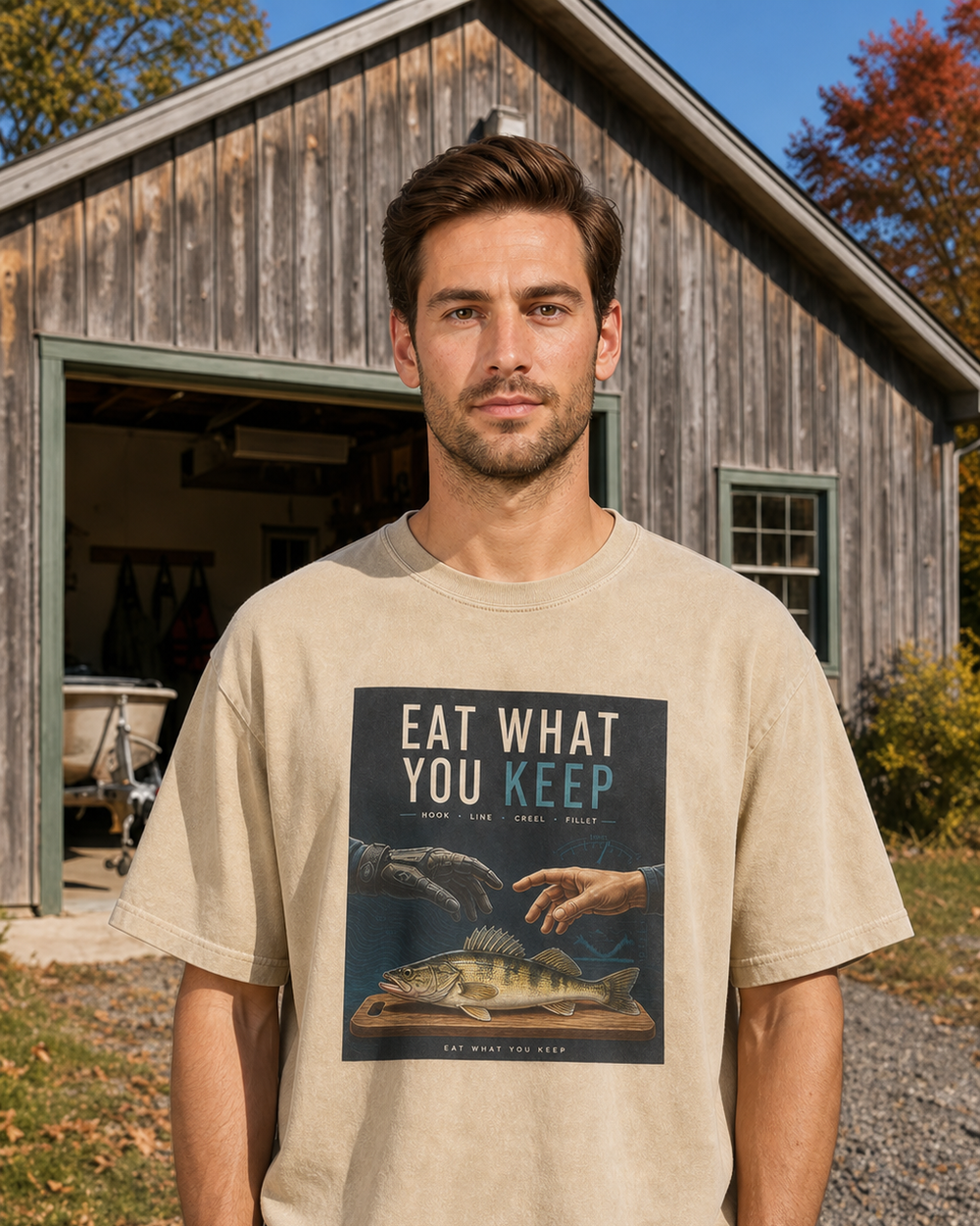 Eat What You Keep washed tee — washed bone, worn, front