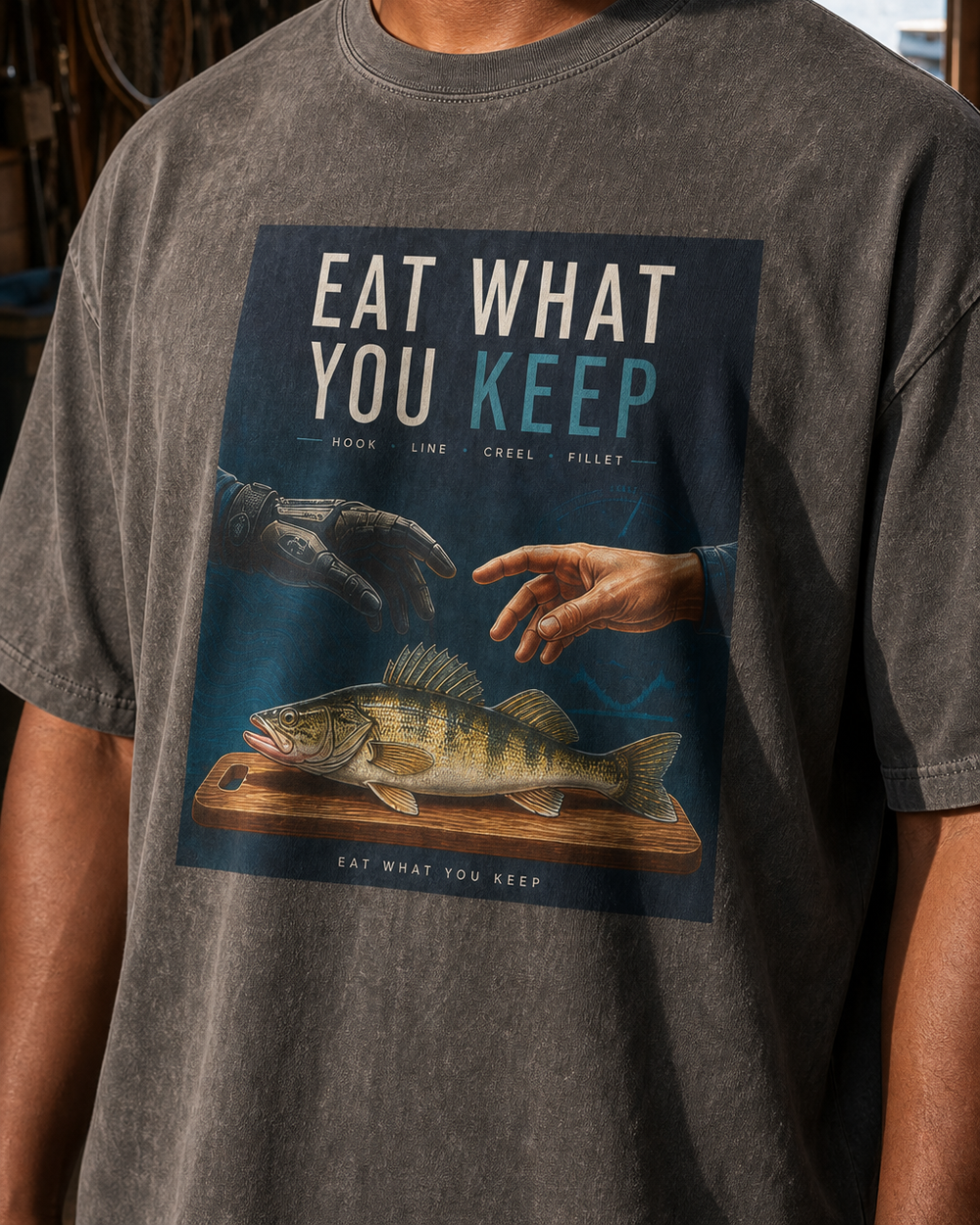 Eat What You Keep washed tee — washed black, worn, side