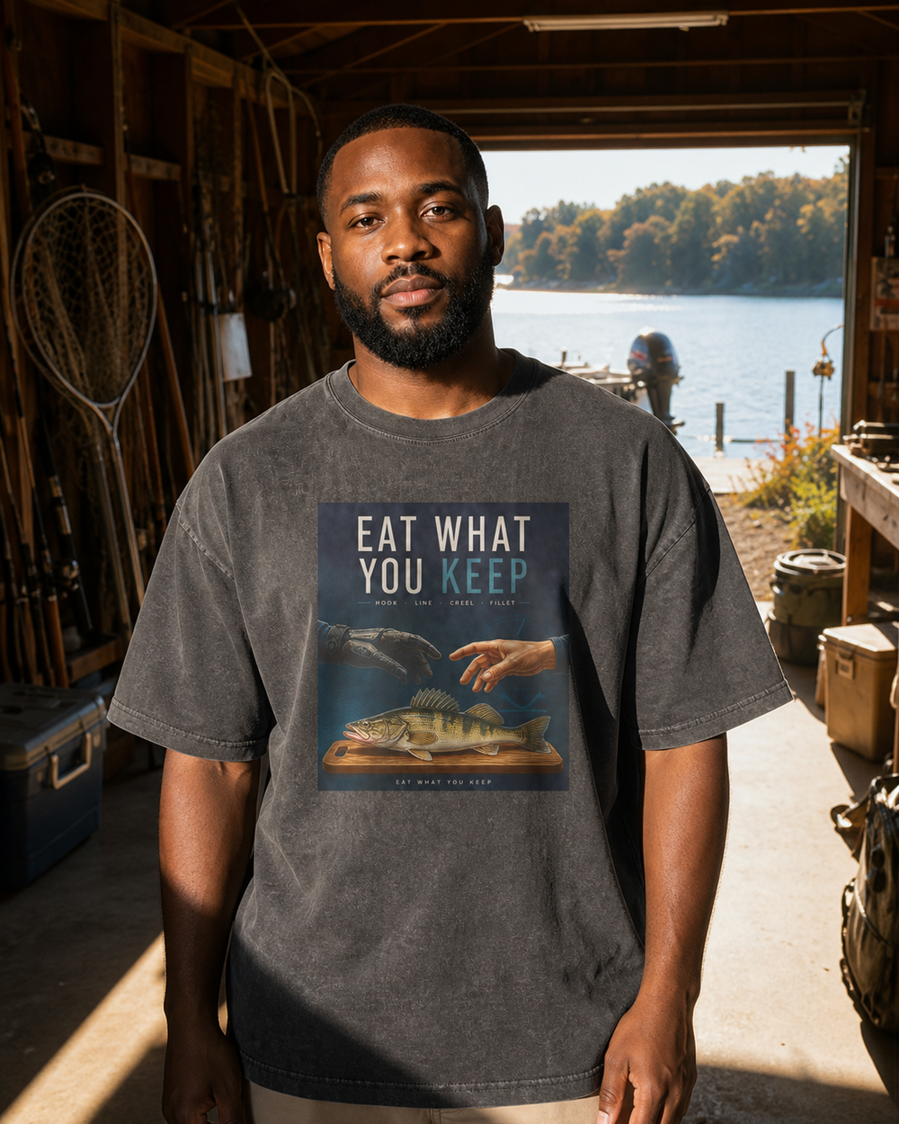Eat What You Keep washed tee — washed black, worn, front