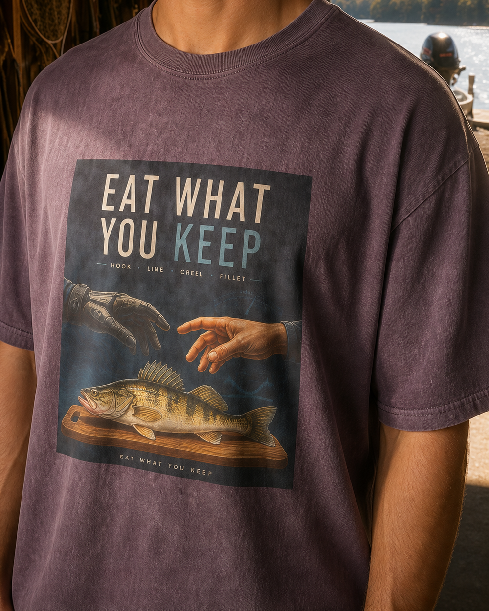 Eat What You Keep washed tee — washed violet, worn, side