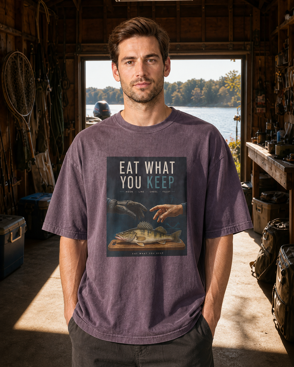 Eat What You Keep washed tee — washed violet, worn, front