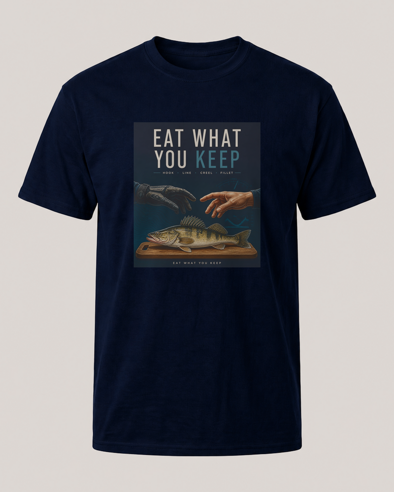 Eat What You Keep tee — navy, front
