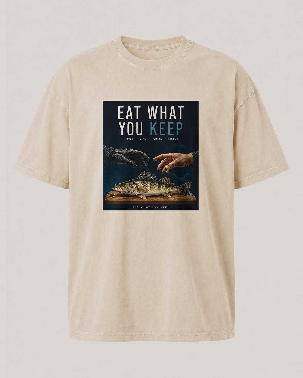 Eat What You Keep washed tee — washed bone, front
