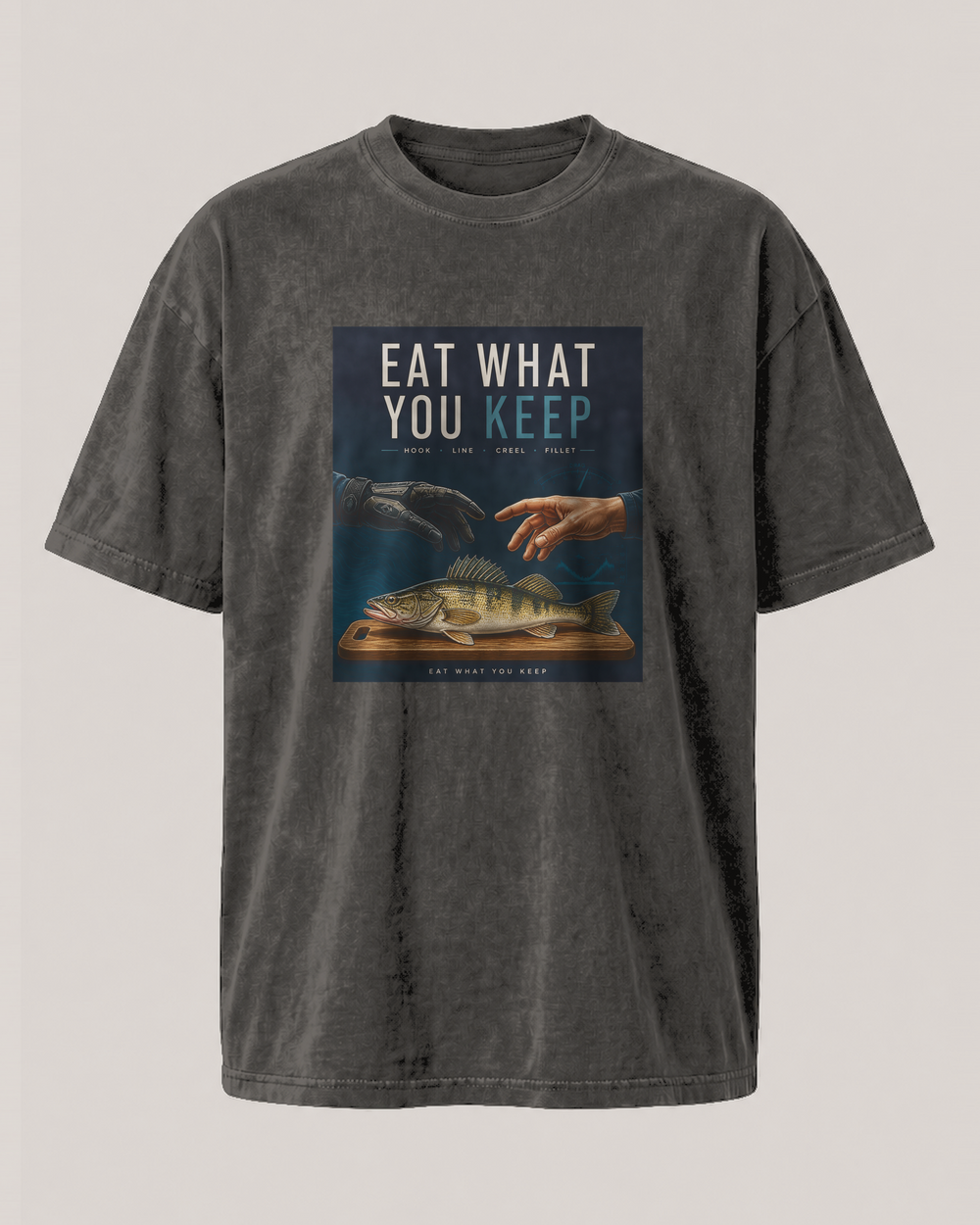 Eat What You Keep washed tee — washed black, front