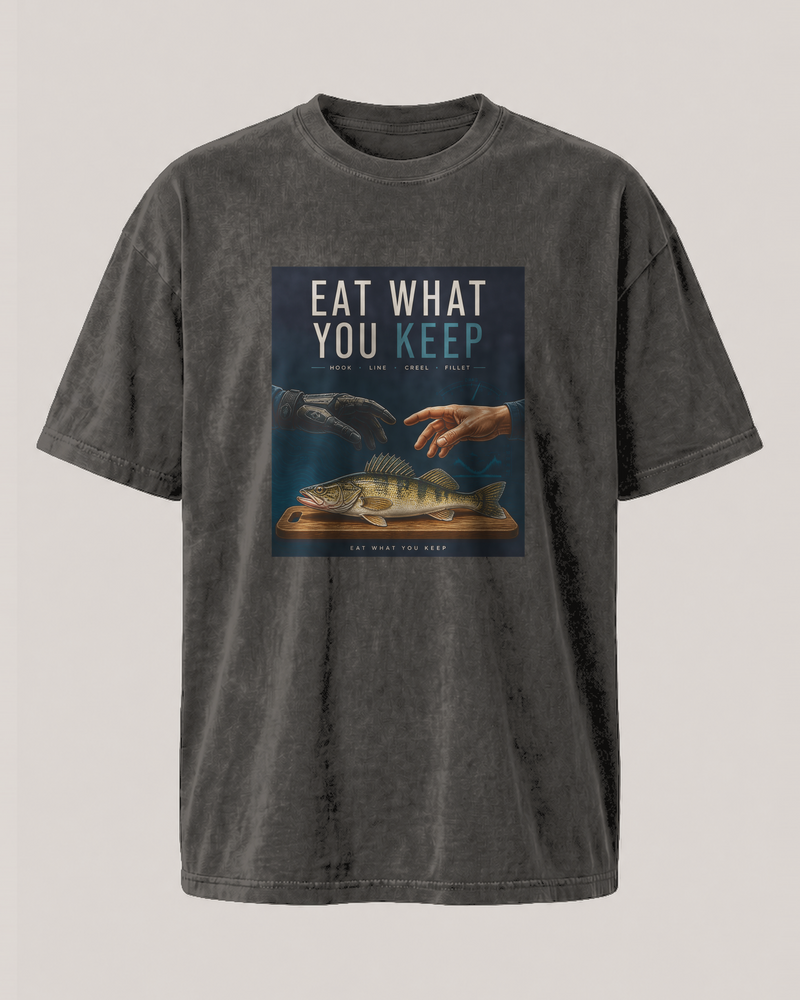 Eat What You Keep washed tee — washed black, front