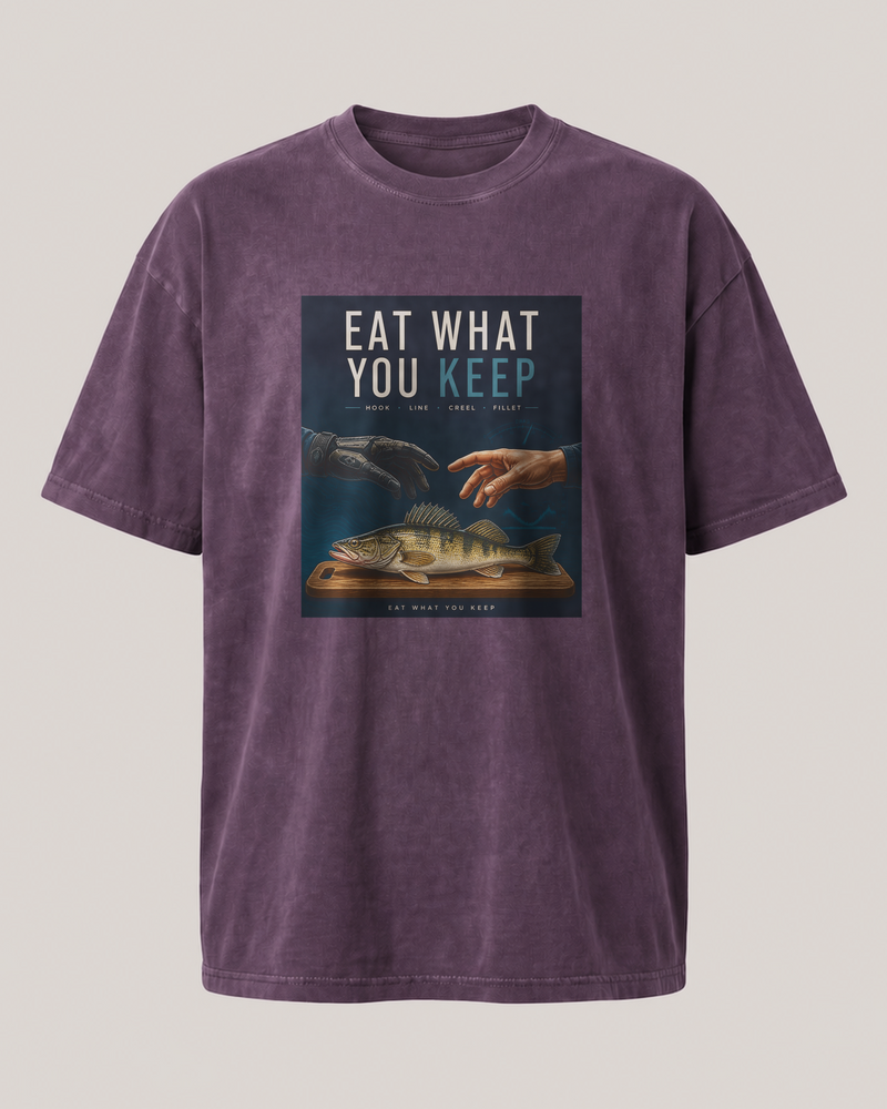 Eat What You Keep washed tee — washed violet, front