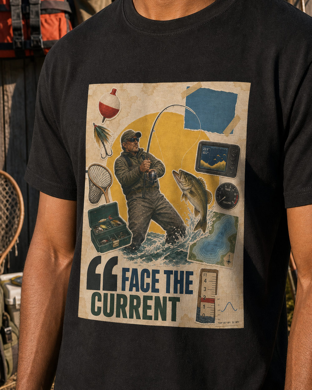 Face The Current tee — black, worn, side
