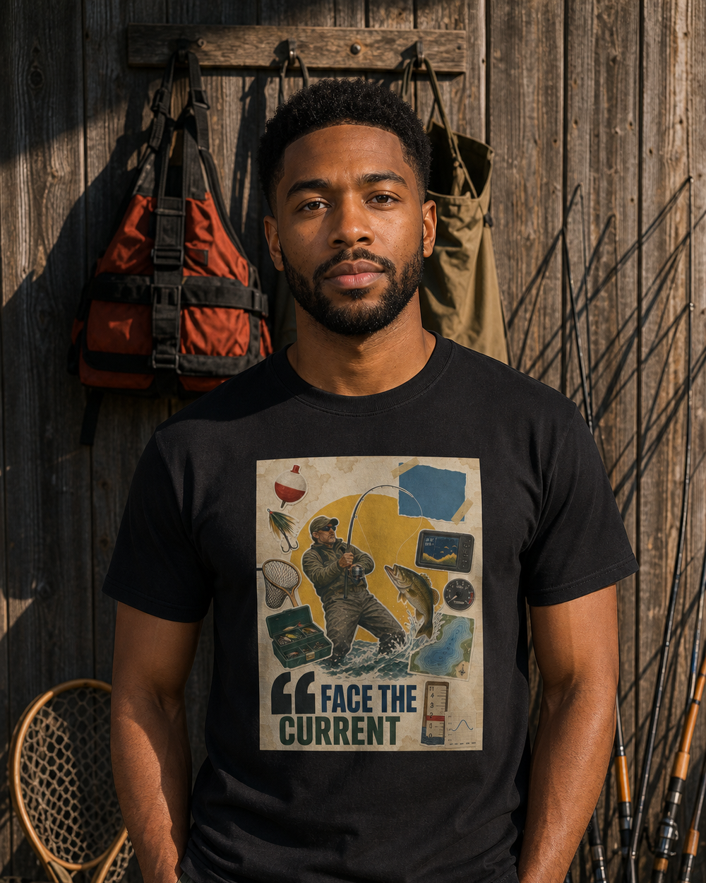 Face The Current tee — black, worn, front