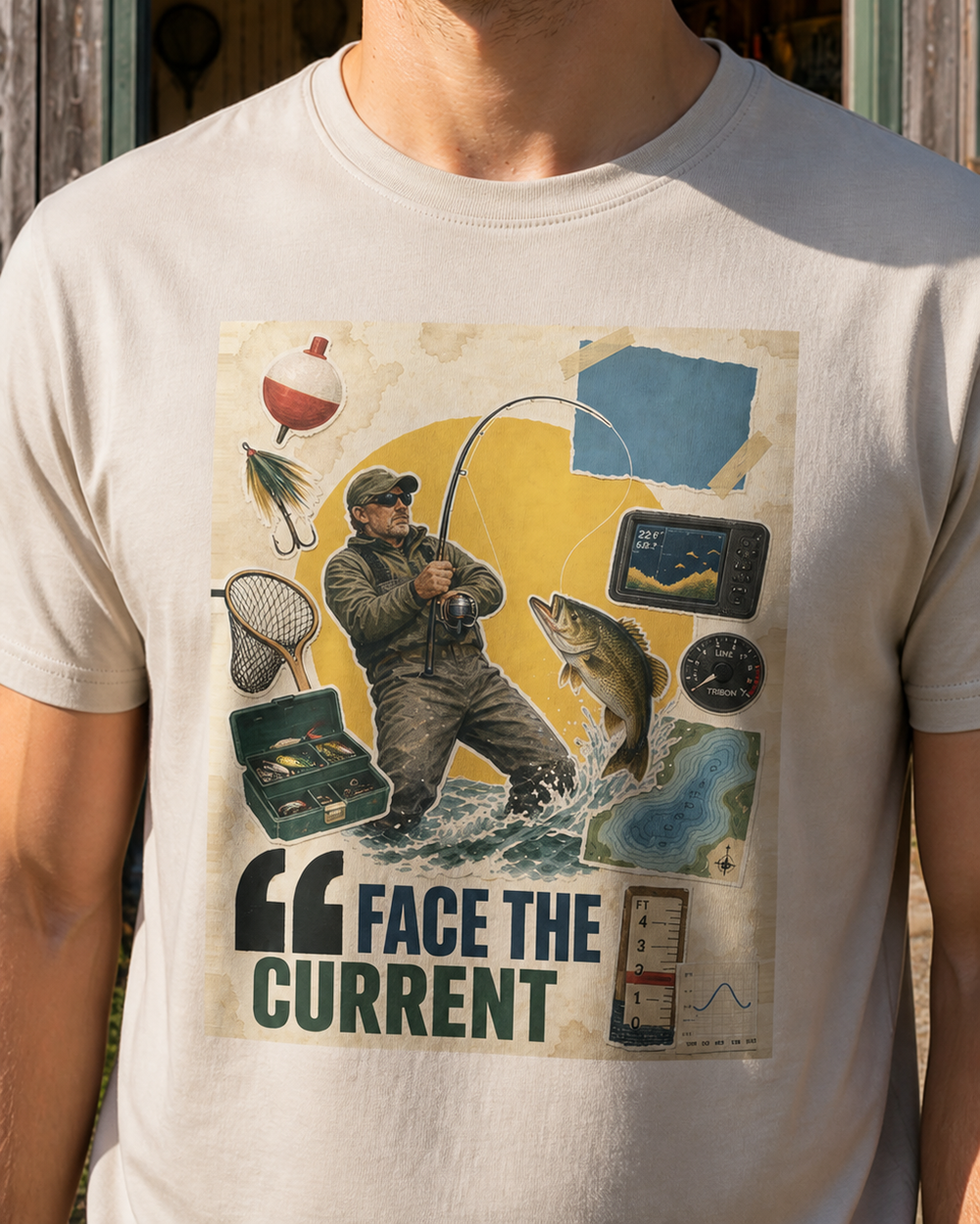 Face The Current tee — sand, worn, side