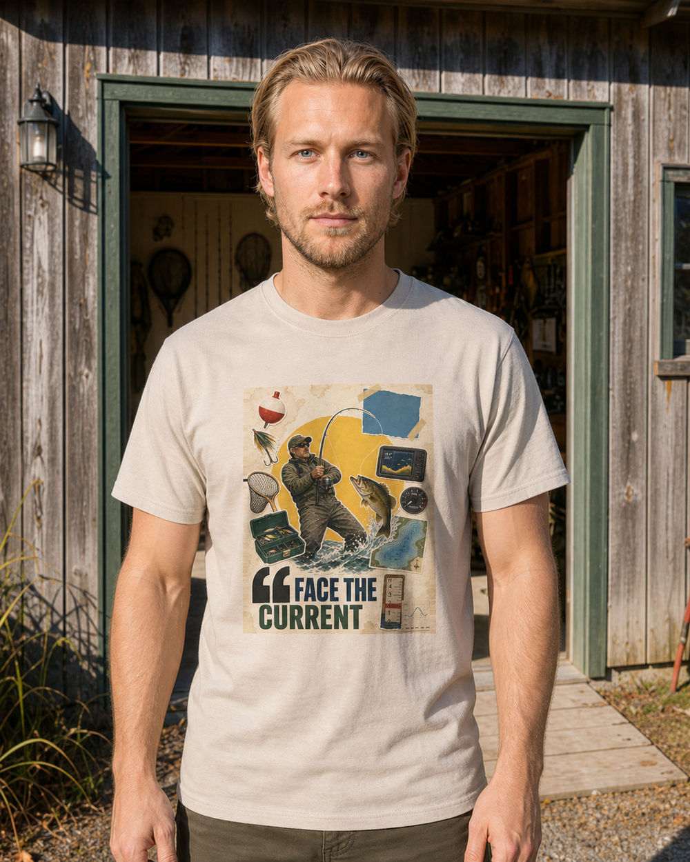 Face The Current tee — sand, worn, front
