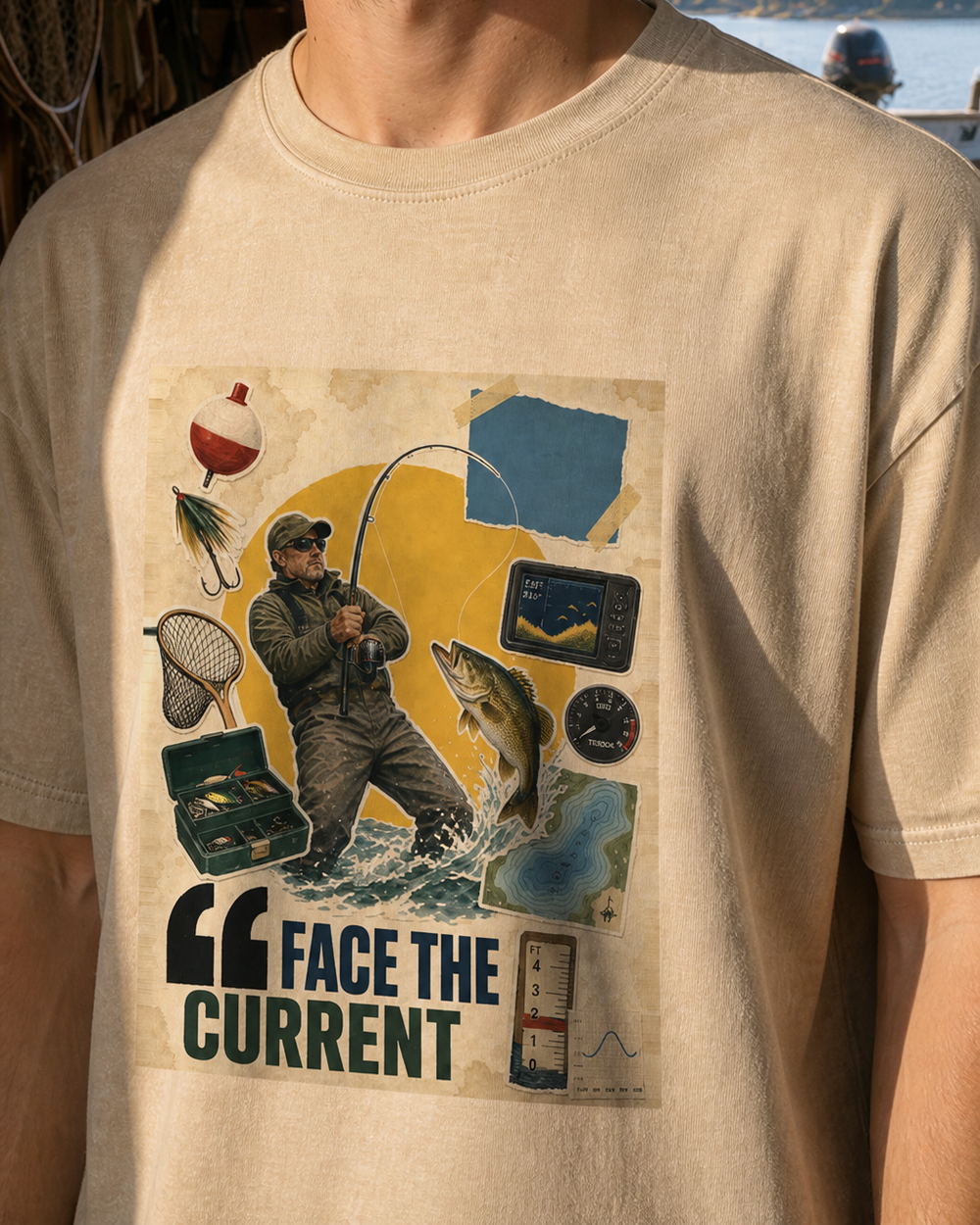 Face The Current washed tee — washed bone, worn, side