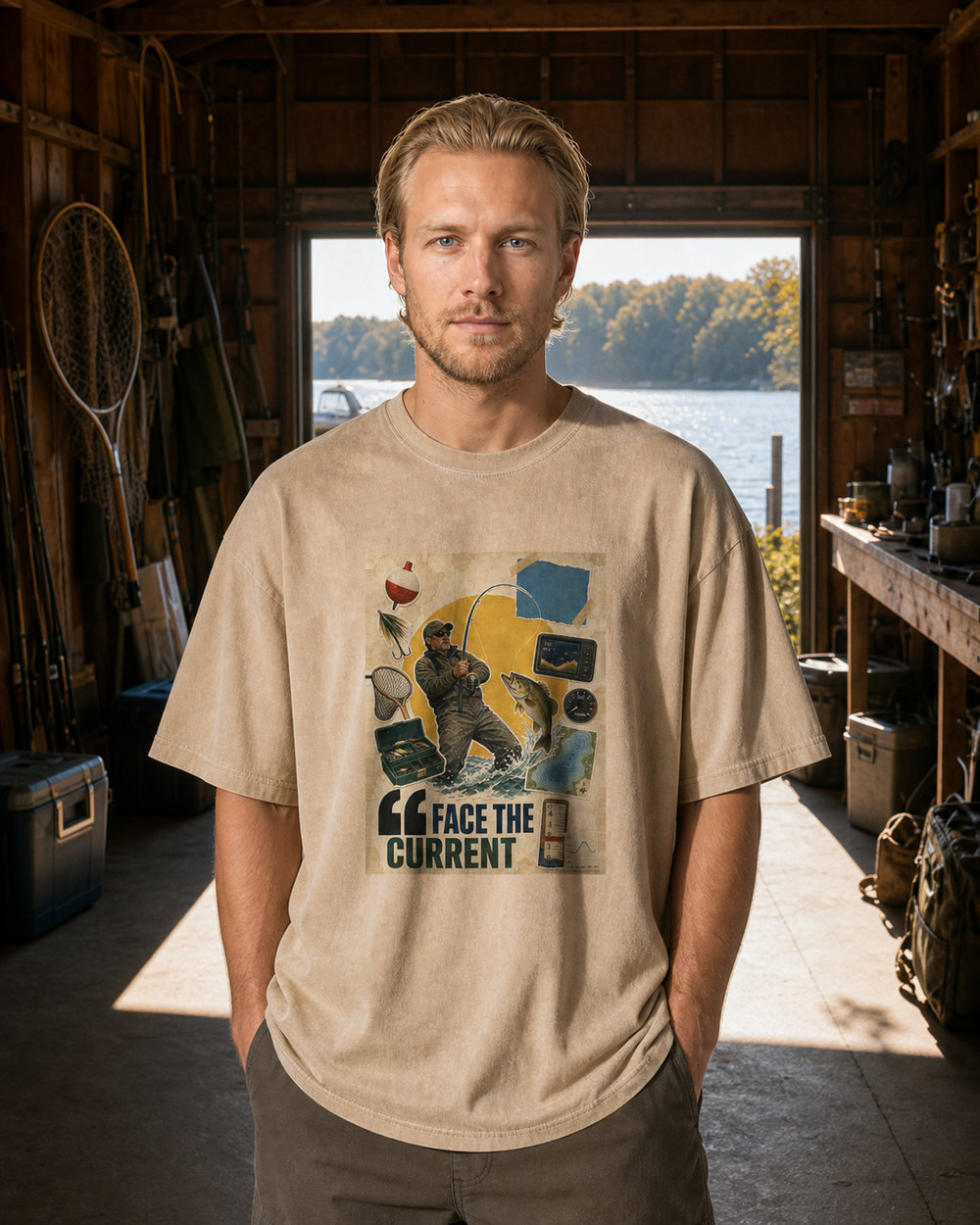 Face The Current washed tee — washed bone, worn, front