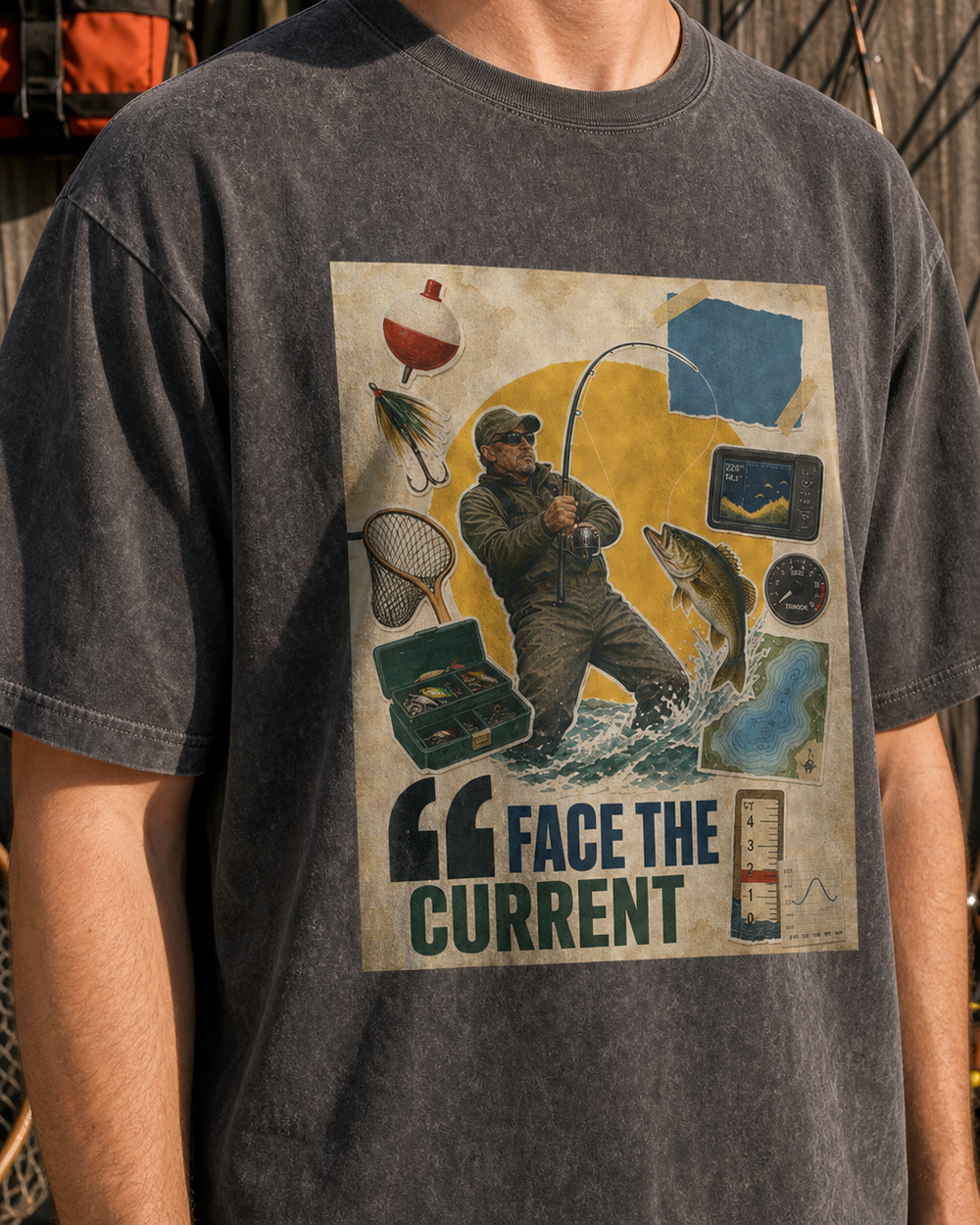 Face The Current washed tee — washed black, worn, side