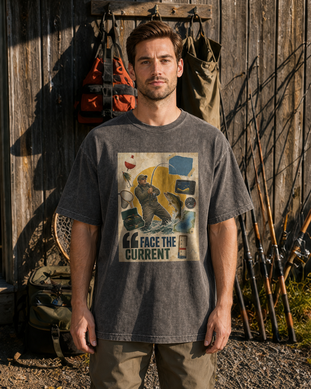Face The Current washed tee — washed black, worn, front