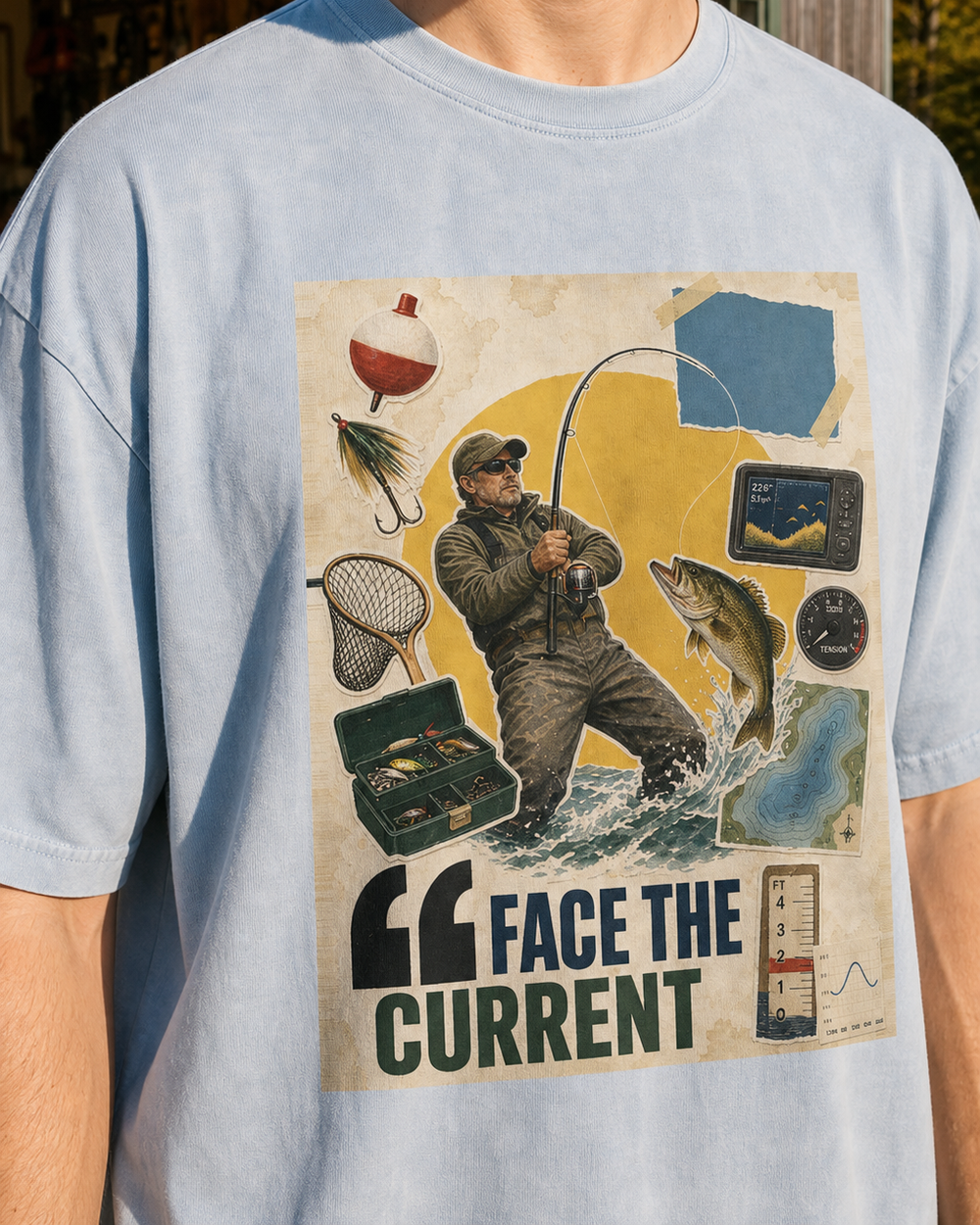 Face The Current washed tee — washed light blue, worn, side