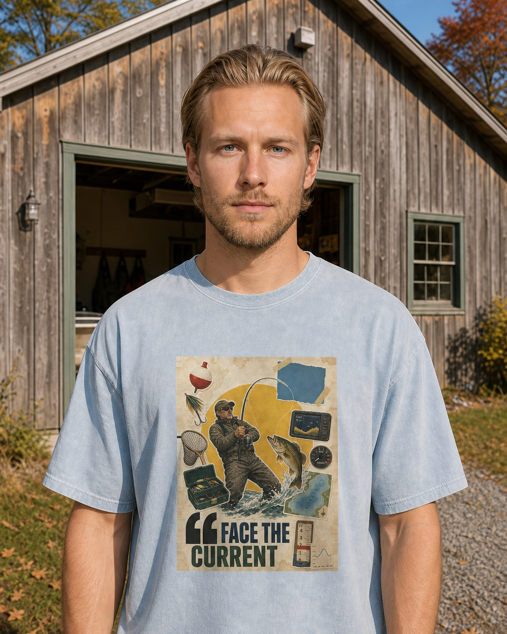 Face The Current washed tee — washed light blue, worn, front
