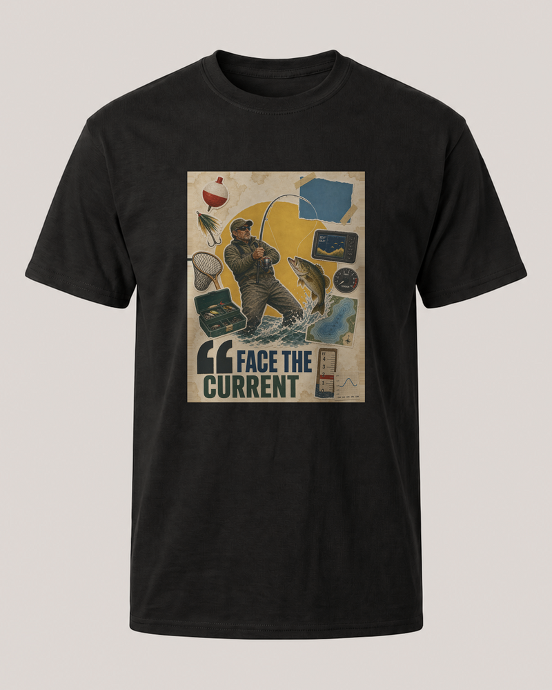 Face The Current tee — black, front