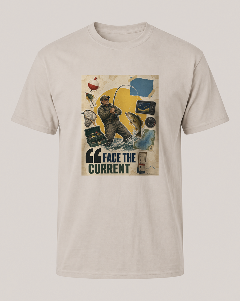 Face The Current tee — sand, front